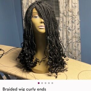 Black Braided Wig with Curly Ends